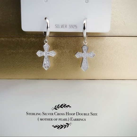 Sterling Silver Cross Double Side ( mother of pearl) Hoop Earrings - Picture 1 of 11